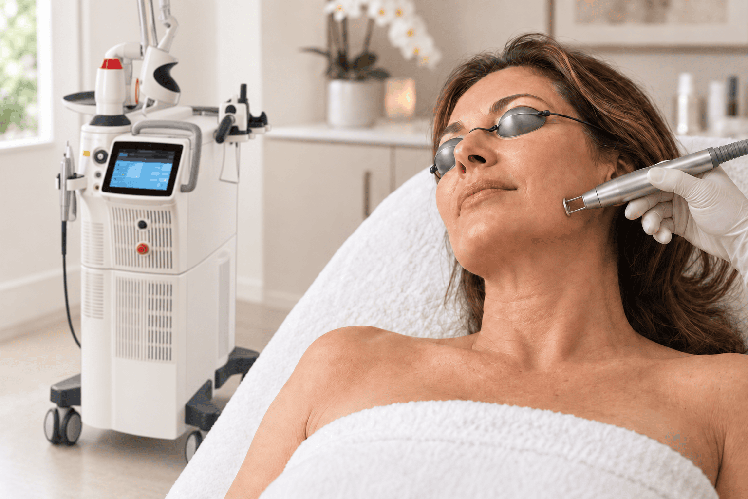 Women lying on treatment table receiving a laser face treatment