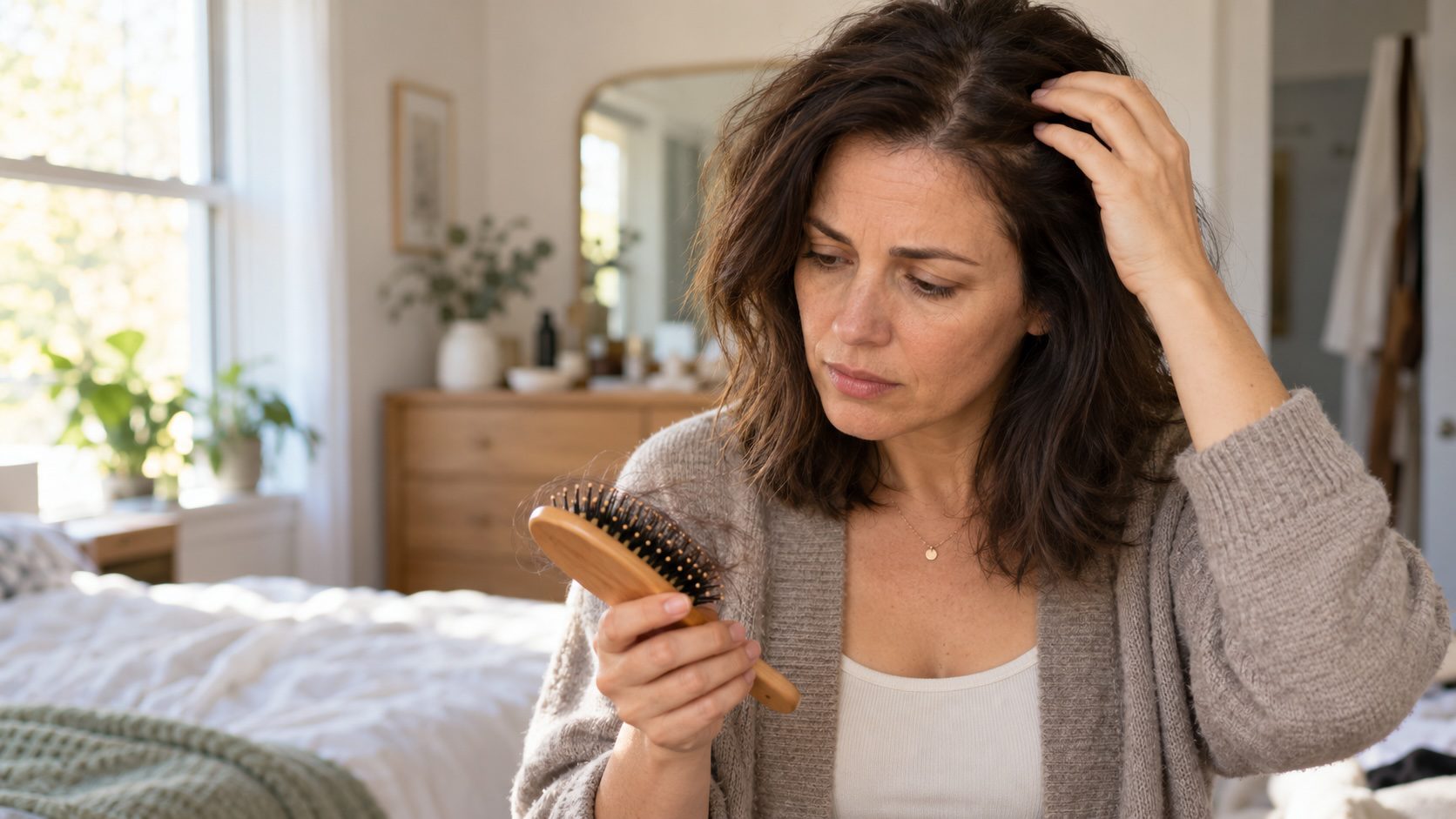 Woman sits in a sunlit bedroom, examining a wooden bristle hairbrush while touching her hair.