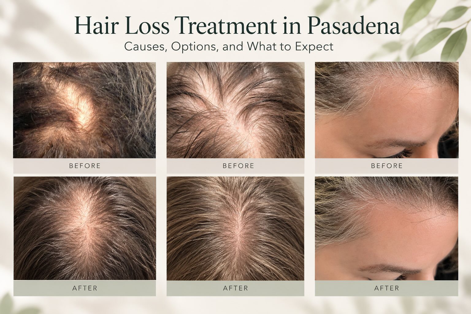 Collage showing before-and-after results of hair loss treatment across multiple scalp areas.