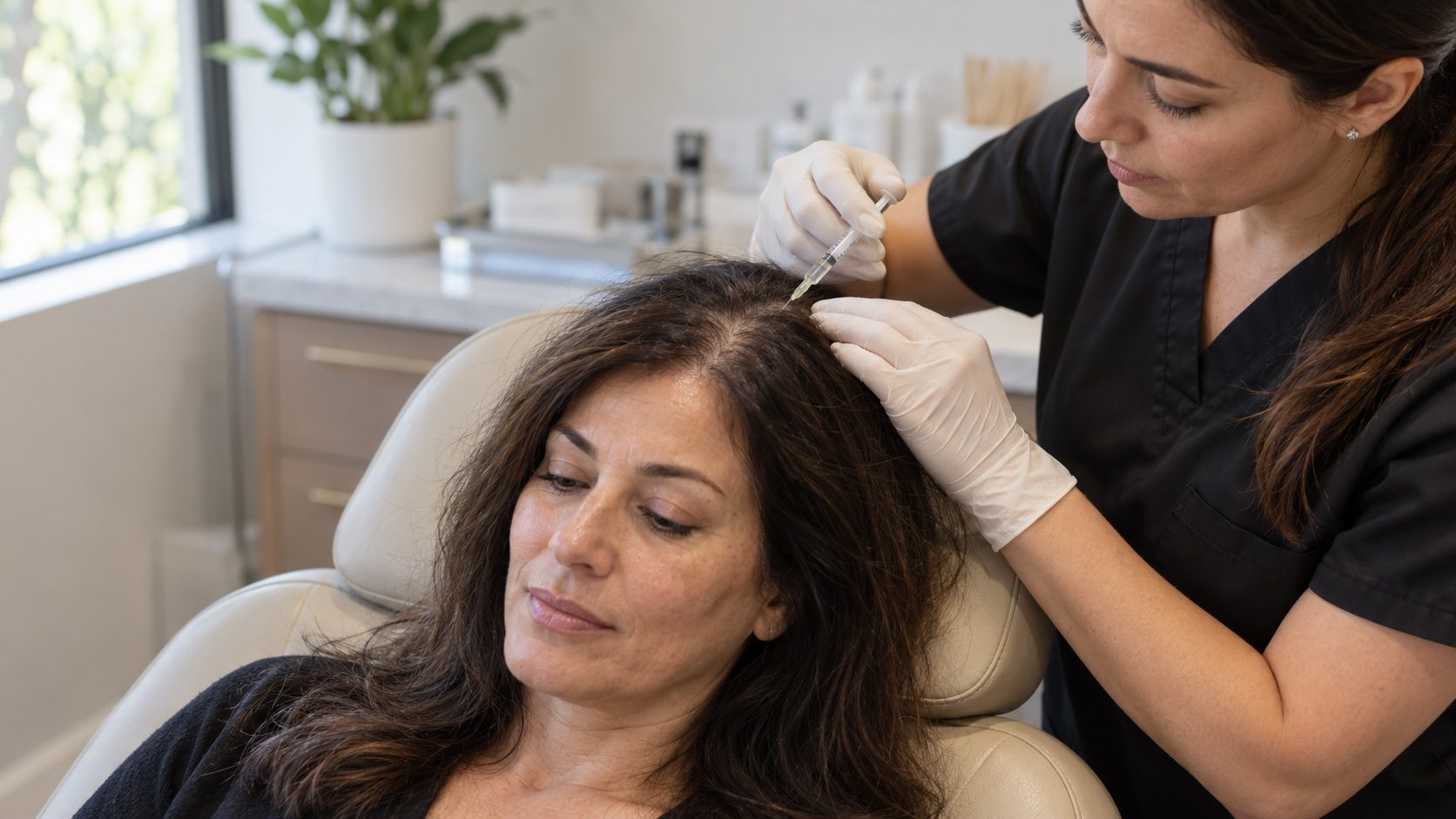 Medical professional in gloves administers a scalp injection to a woman reclining in a clinic chair