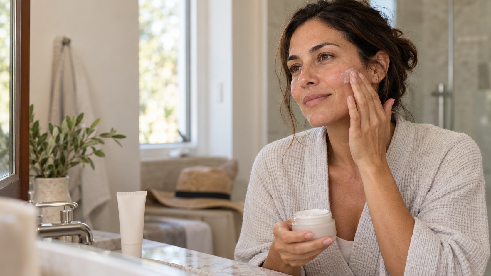Woman looking into mirror and happy about her skin